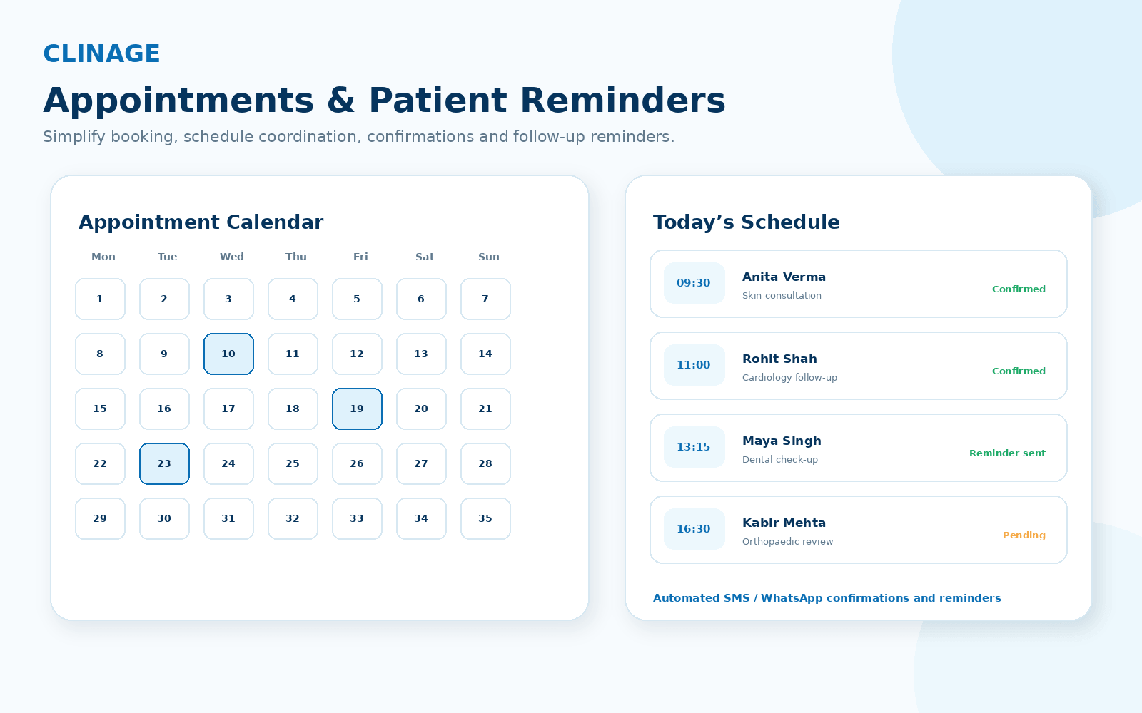 Clinic appointments calendar and reminder workflow