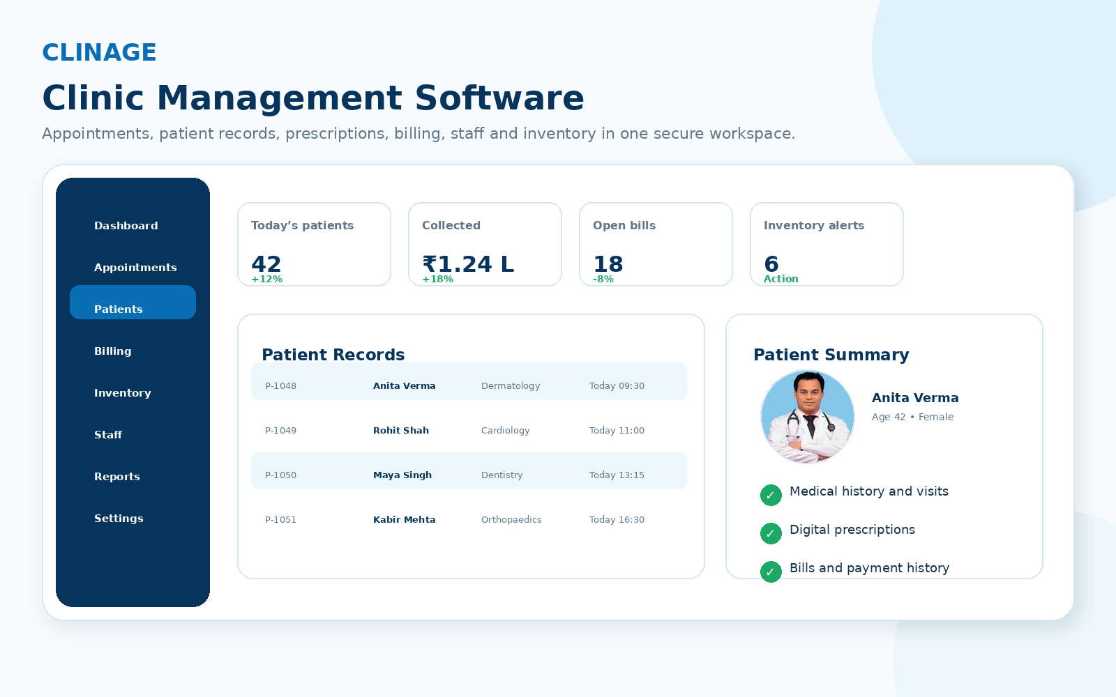 Clinic patient records billing inventory and staff dashboard